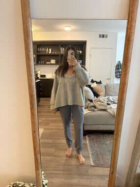 Free People Chunky Knit V-Neck Oversized Sweater Heather Blue Gray Size S